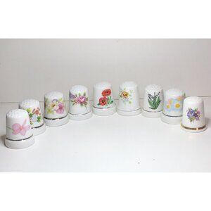 9 Vintage Thimbles Porcelain Ceramic Flowers Floral Design Sewing Collection SDJ